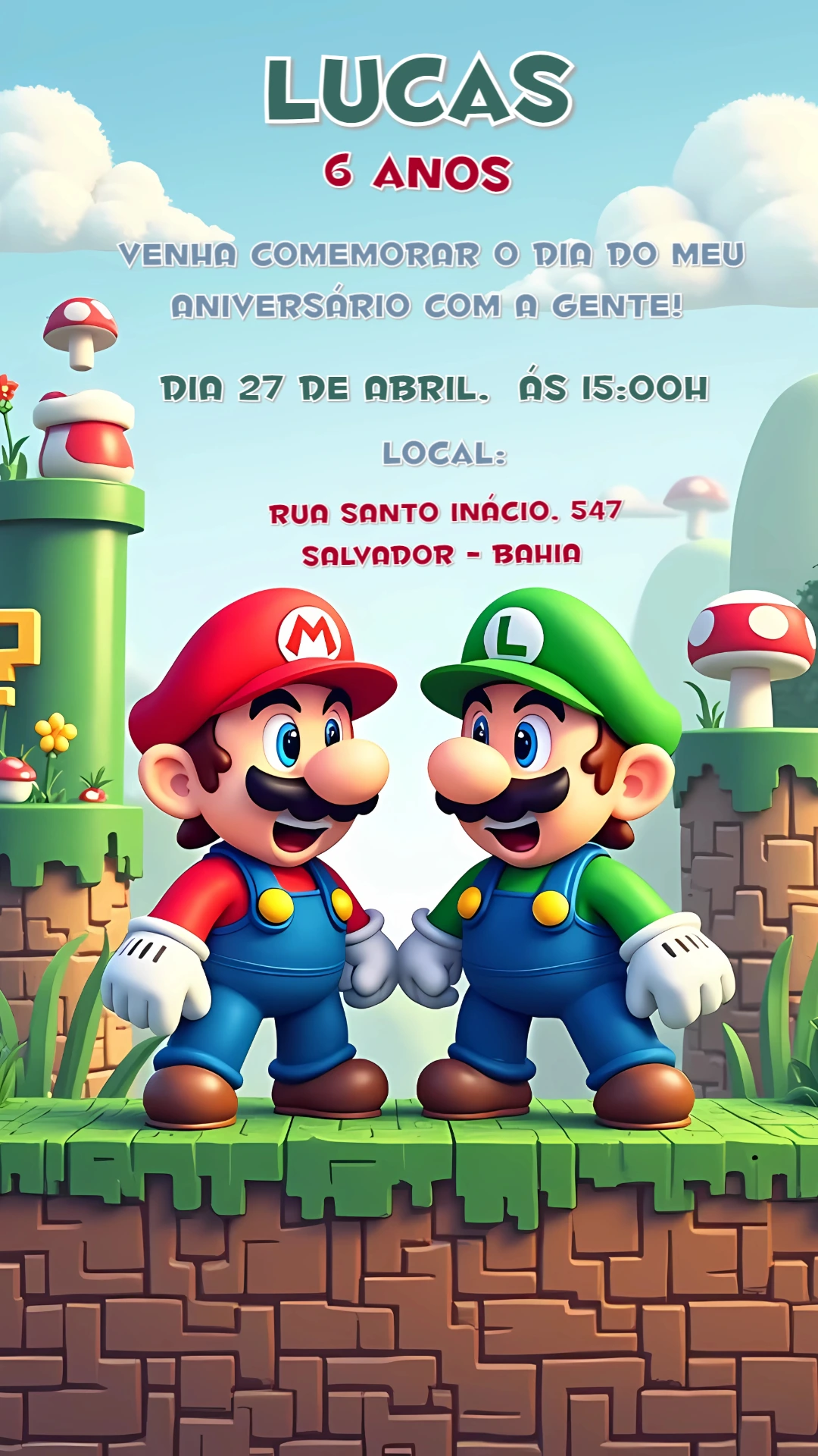 Convite Aniversário Super Mario Bros com Mario e Luigi para Editar