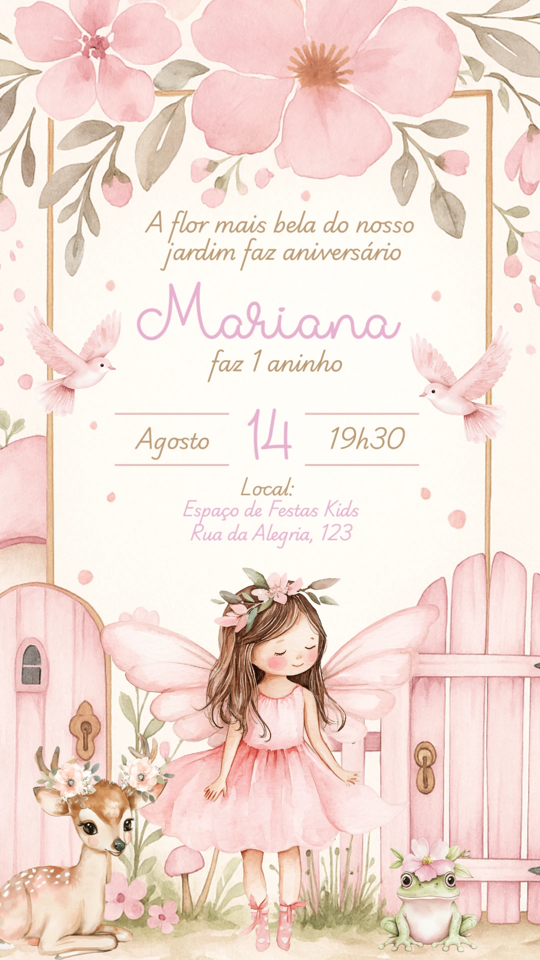 Convite Aniversário Jardim Encantado com Fada para Editar Online