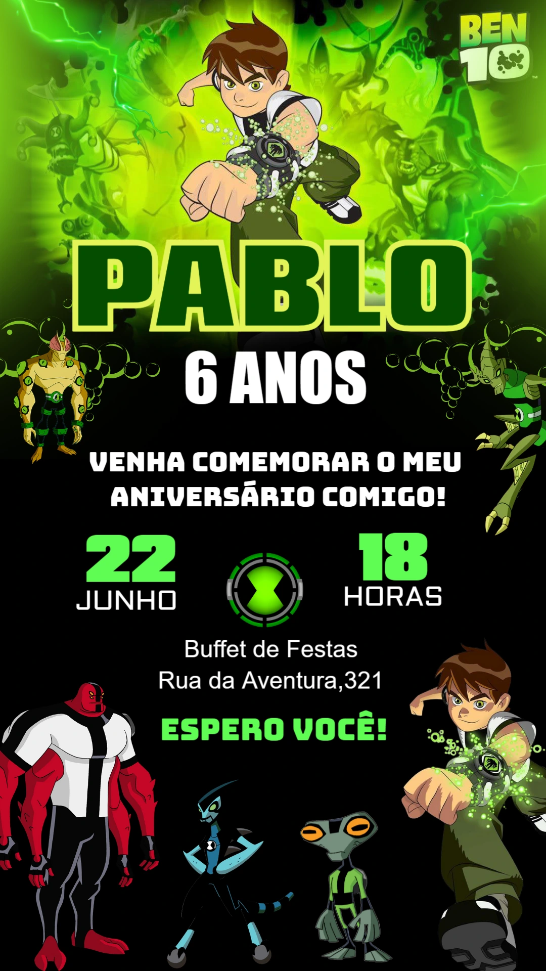 Convite de Aniversário Ben 10 com Alienígenas para Editar Online