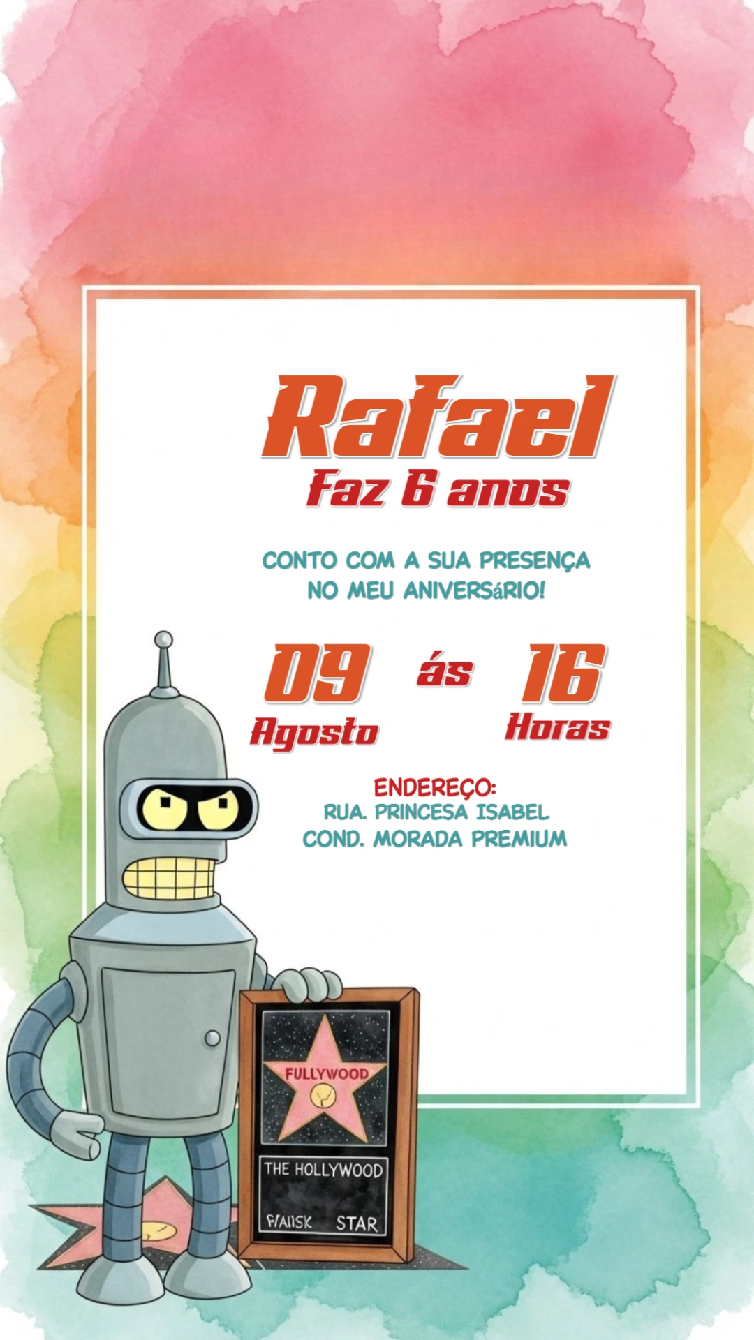 Convite de Aniversário Futurama com Bender para Editar Online