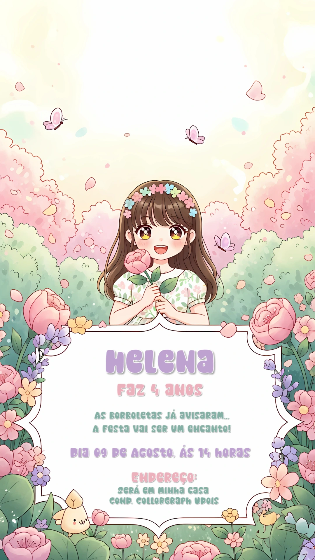 Convite Aniversário Jardim Encantado com Menina para Editar Online