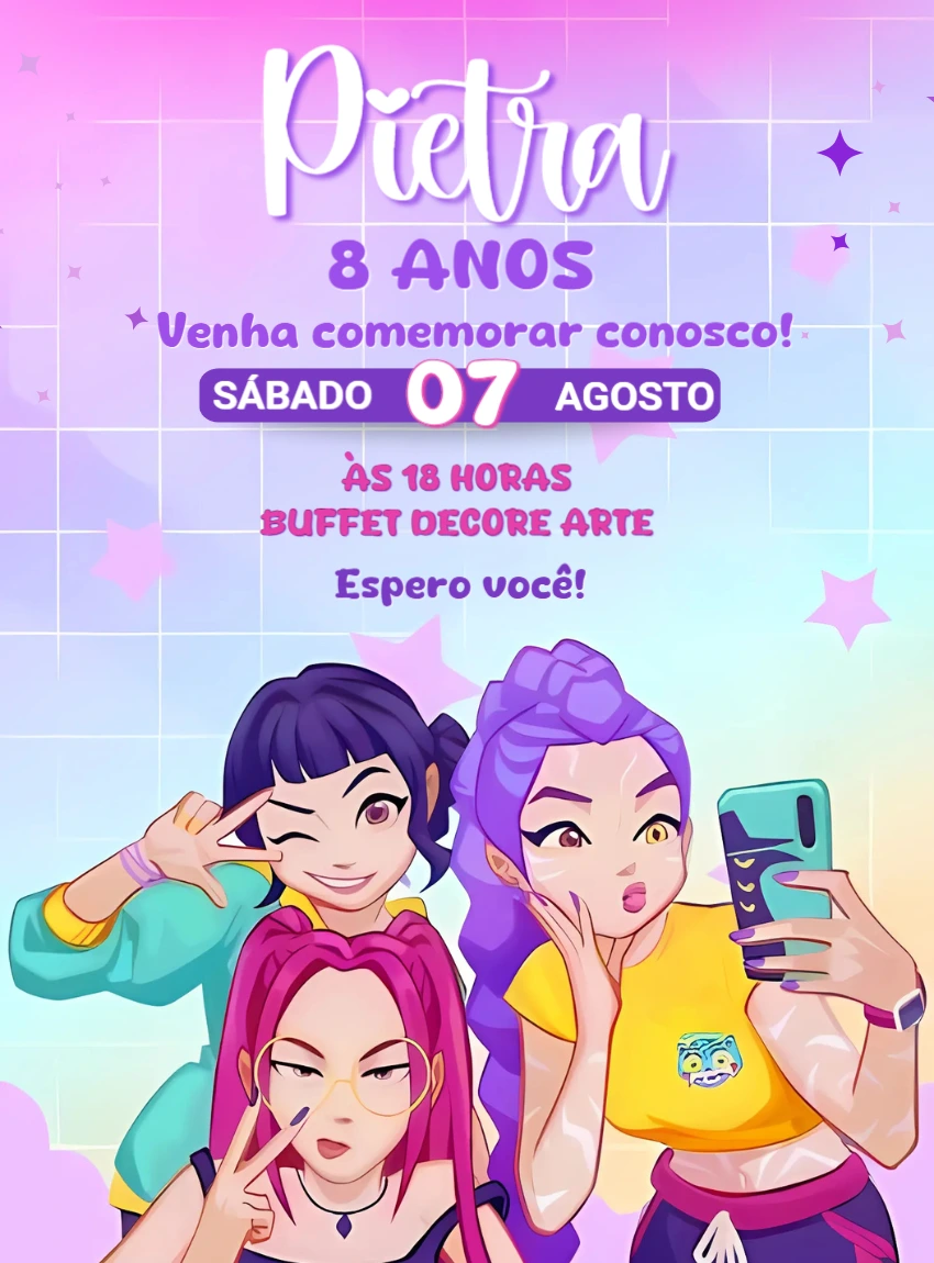 Convite Animado Aniversário K-pop Guerreiras para Editar Online