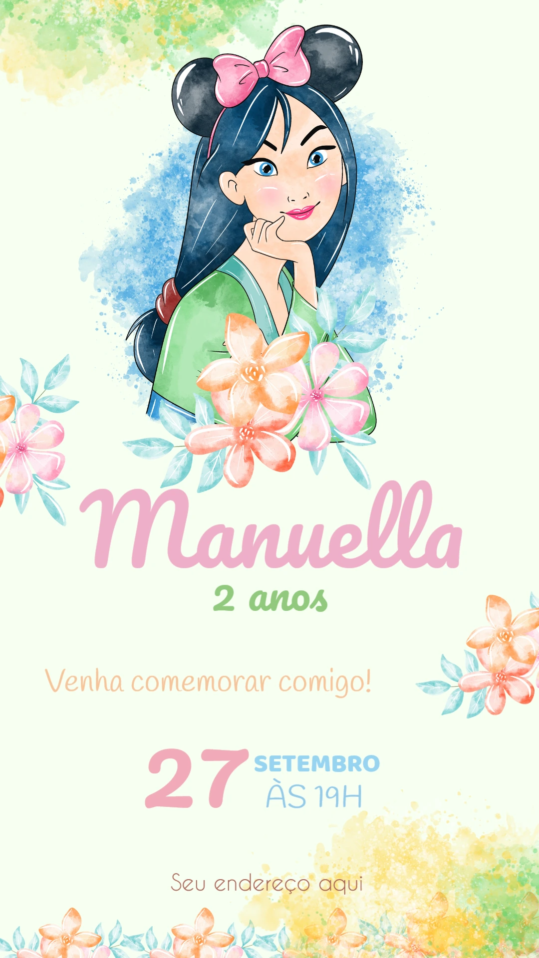 Convite Aniversário Mulan Editável para Festa Infantil