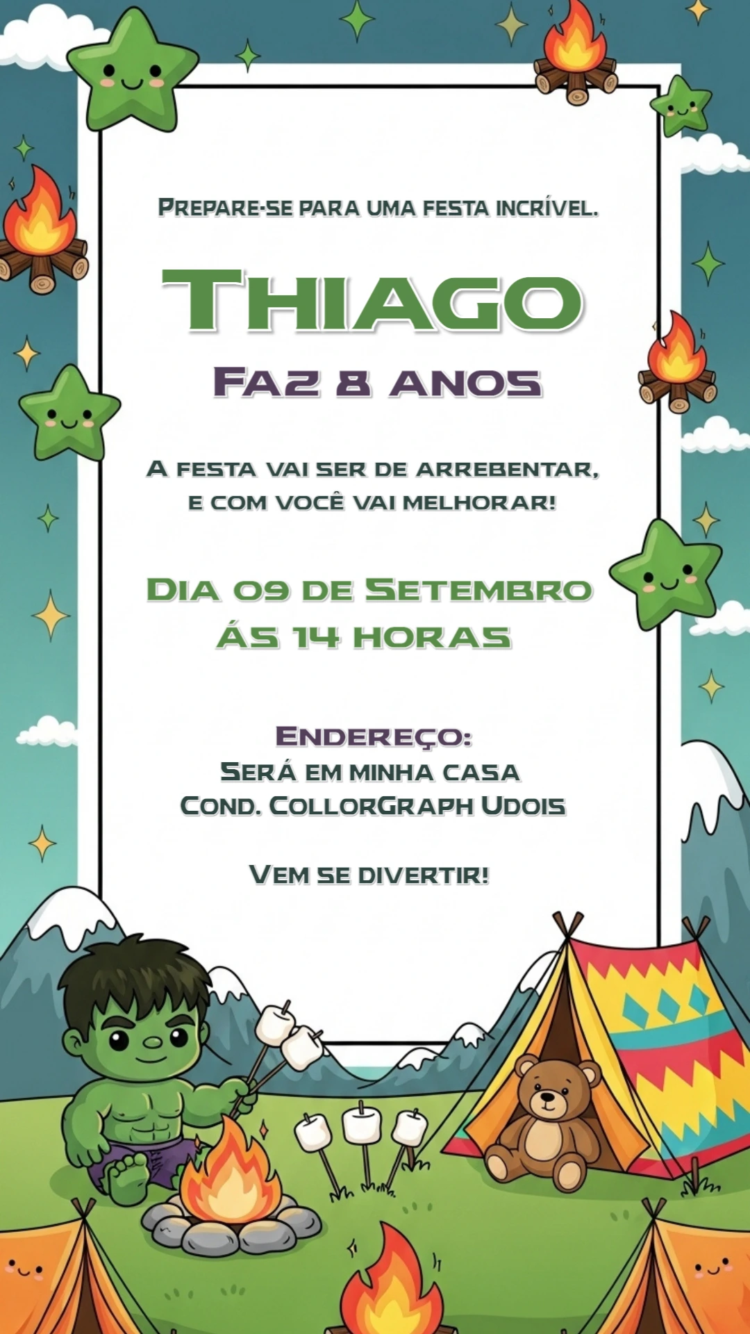 Convite Aniversário Hulk Acampamento para Editar Online