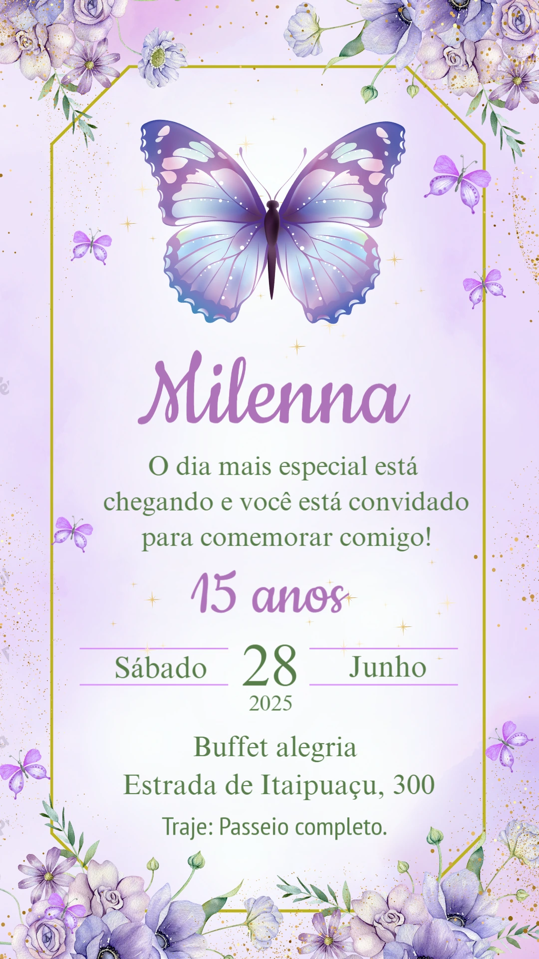 Convite Aniversário Jardim Borboletas Lilás para Editar Online