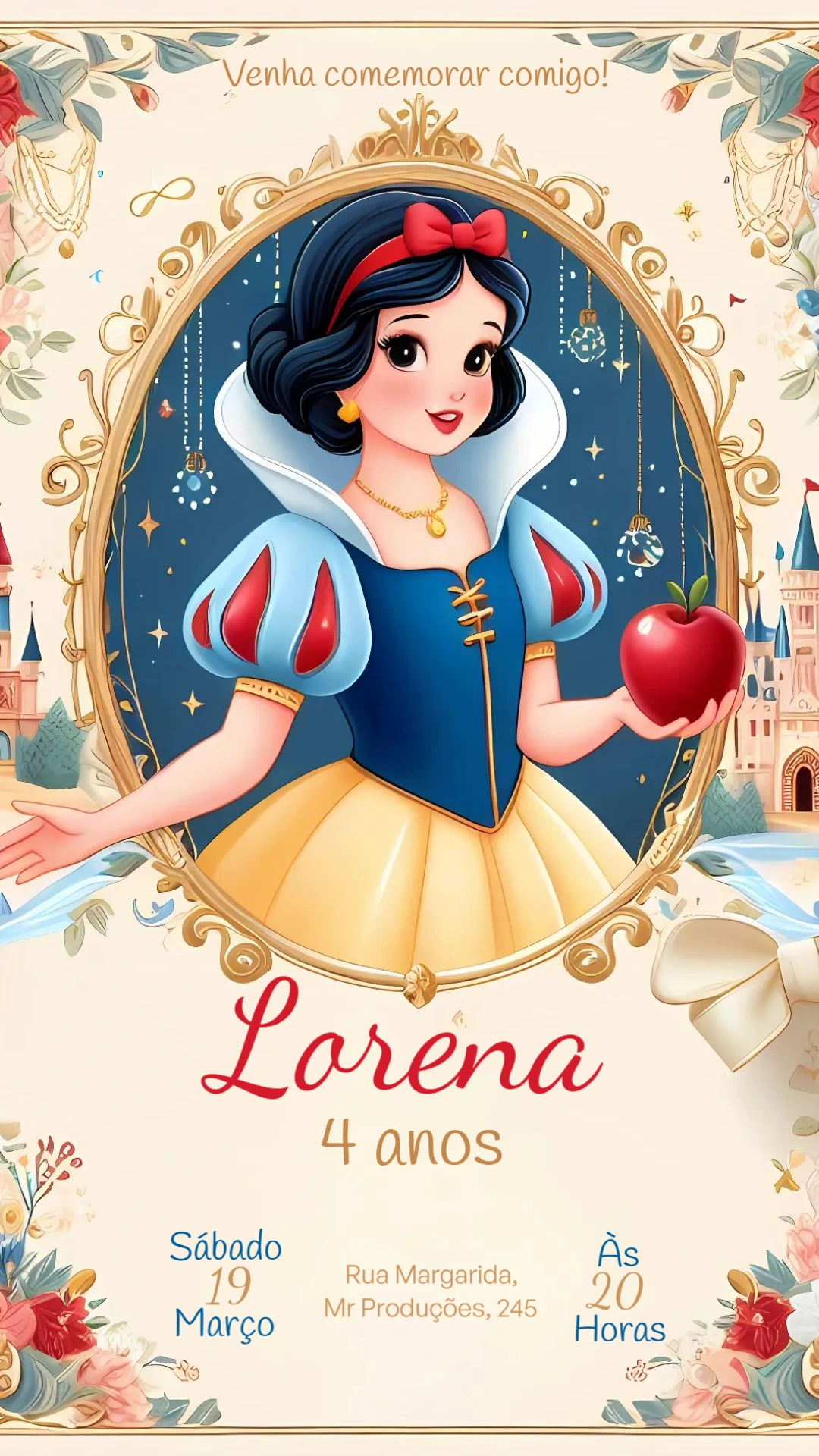 Convite de Aniversário Branca de Neve para Editar Online