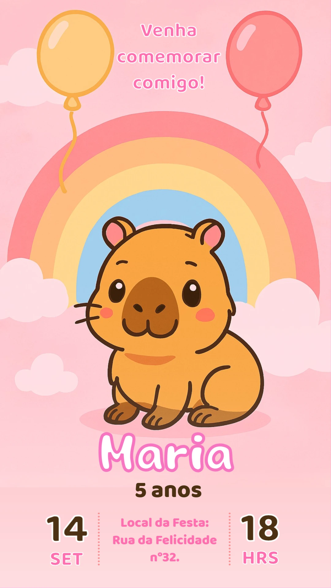 Convite de Aniversário Capivara Fofa para Editar Online