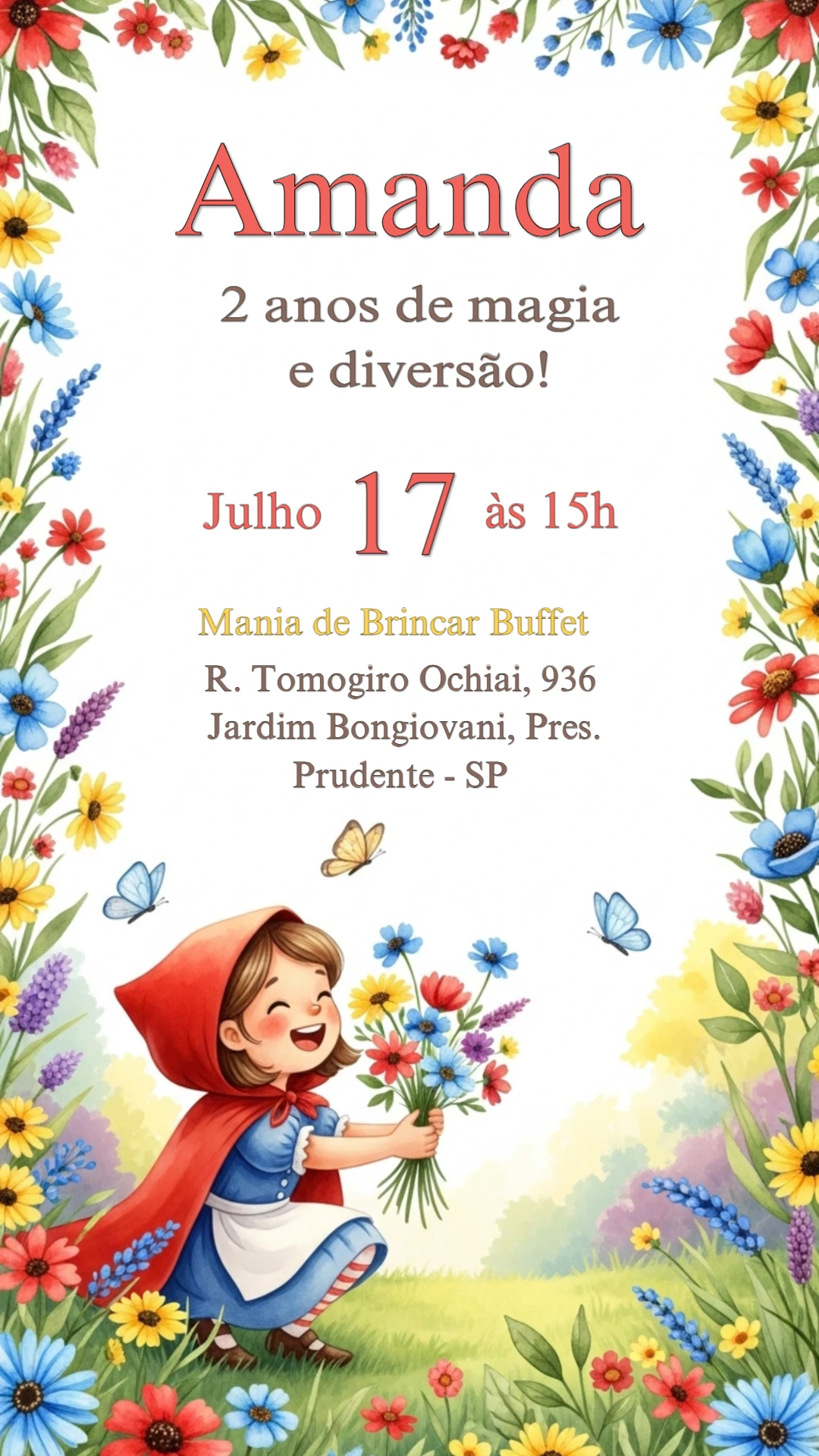 Convite Aniversário Chapeuzinho Vermelho Floral para Editar