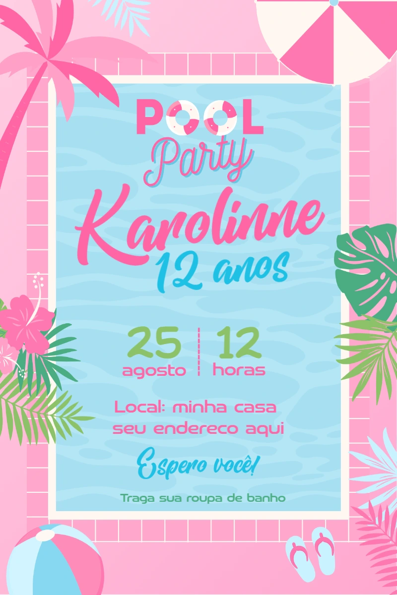 Convite de Aniversário Pool Party para Editar Online