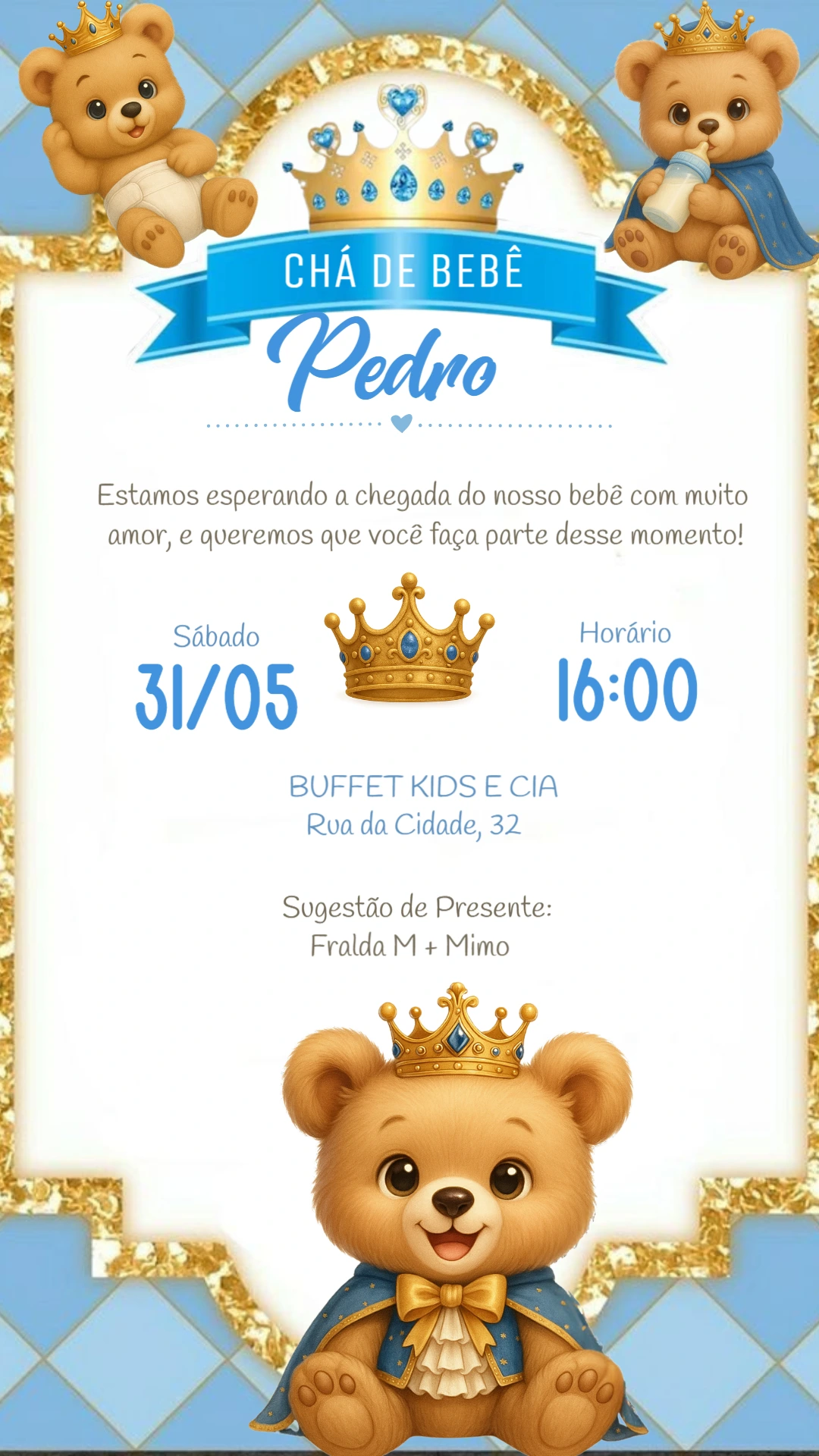 Convite Chá de Bebê Ursinho Príncipe Realeza para Editar Online