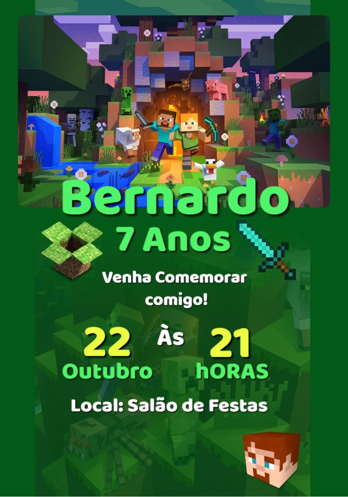Convite de Aniversário Minecraft com Personagens para Editar