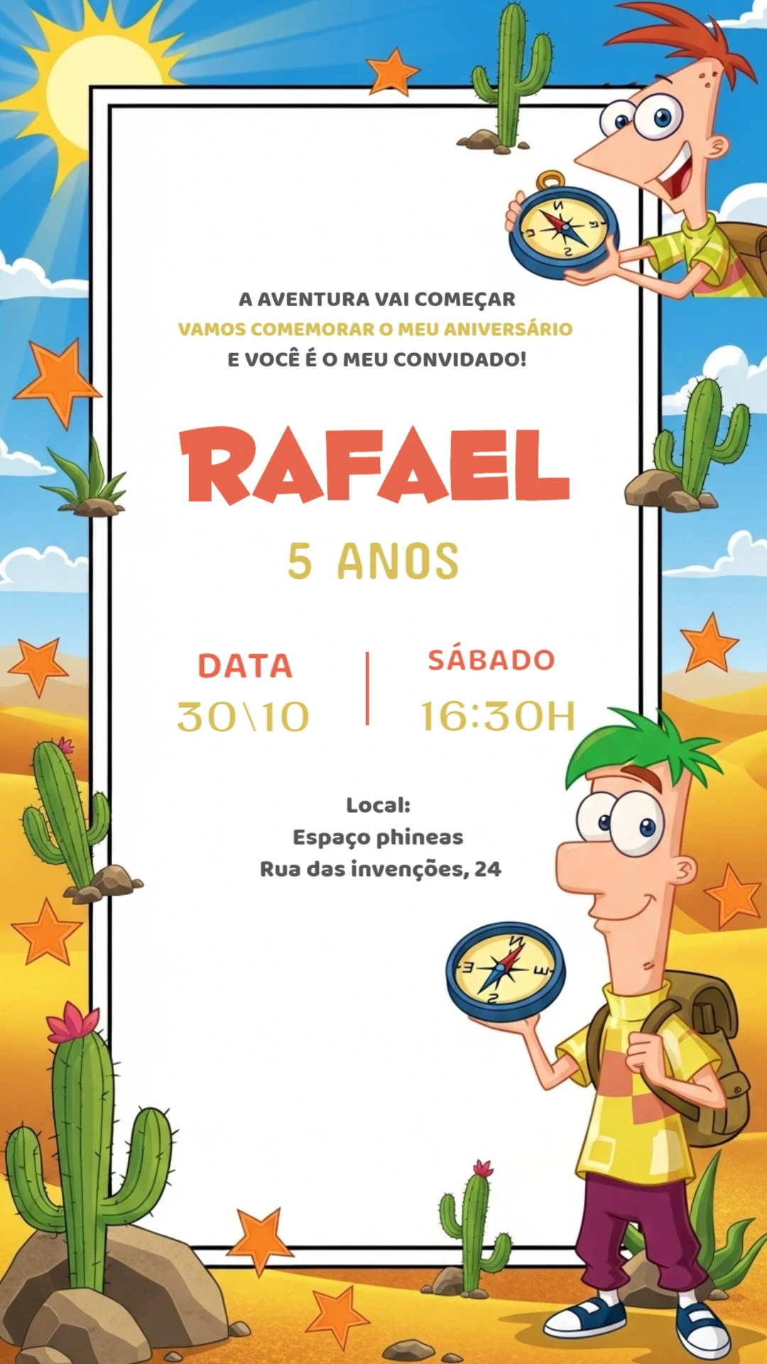 Convite de Aniversário Phineas e Ferb para Editar Online