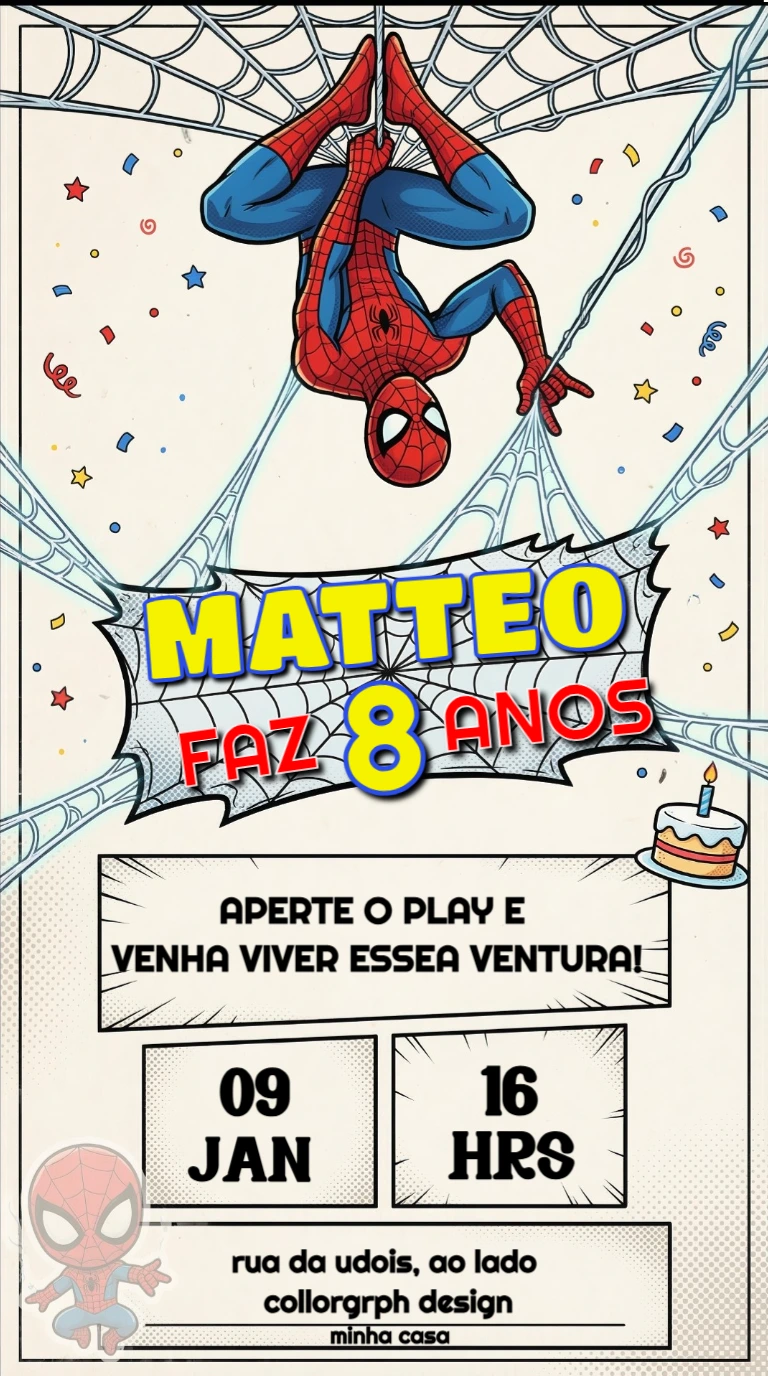 Convite de Aniversário Homem-Aranha Estilo HQ para Editar