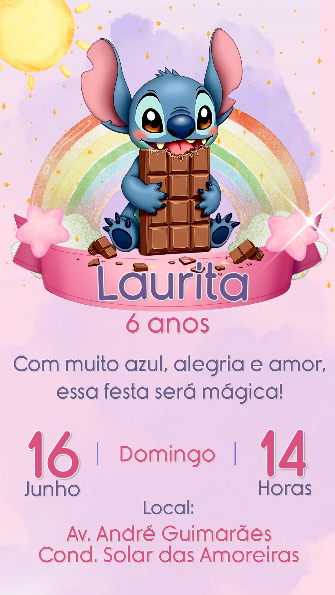 Convite de Aniversário Stitch Candy para Editar Online