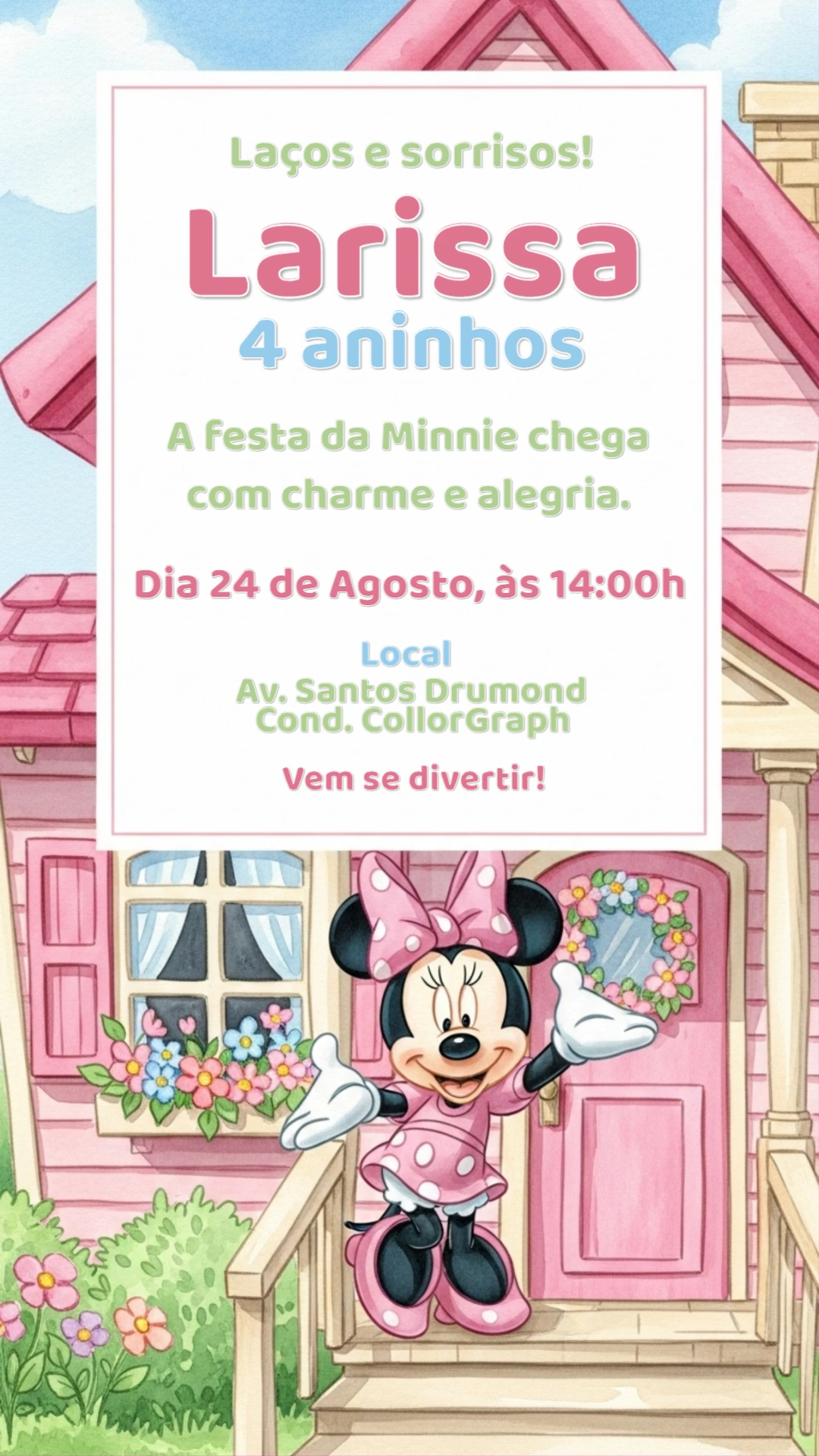 Convite Aniversário Minnie Mouse Rosa para Editar Online