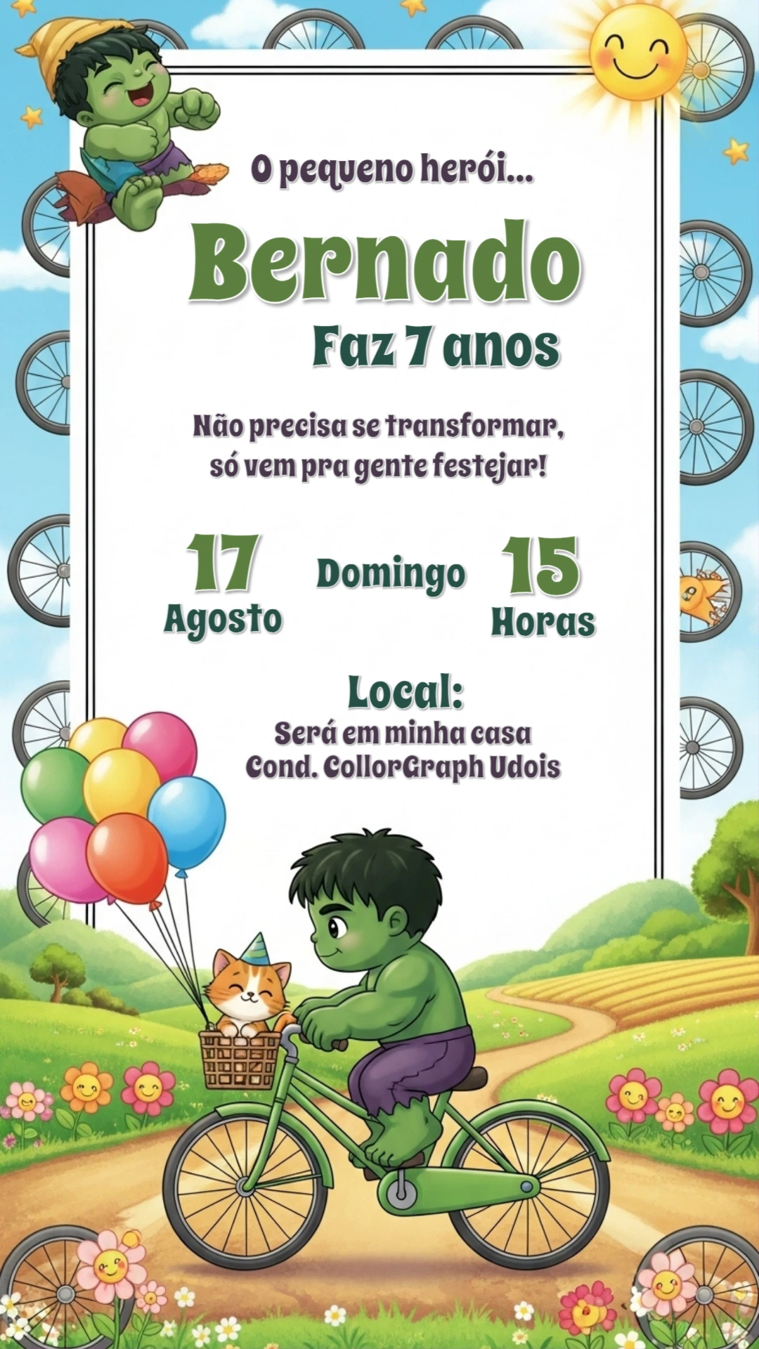 Convite de Aniversário Incrível Hulk de Bicicleta para Editar