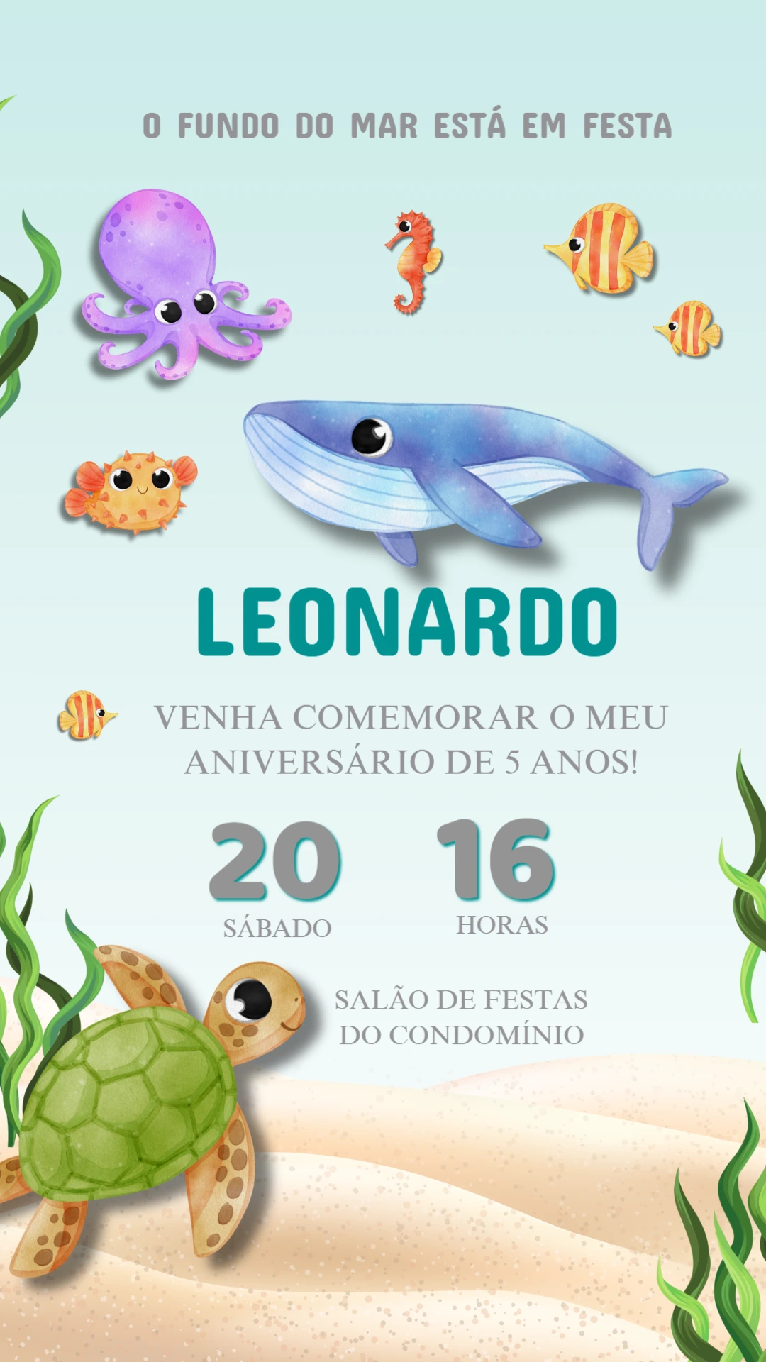 Convite Aniversário Fundo do Mar com Animais para Editar Online
