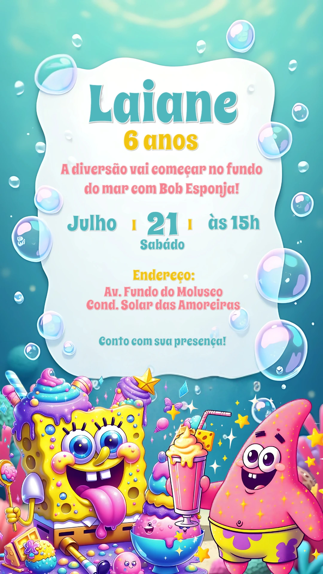 Convite de Aniversário Bob Esponja para Editar Online