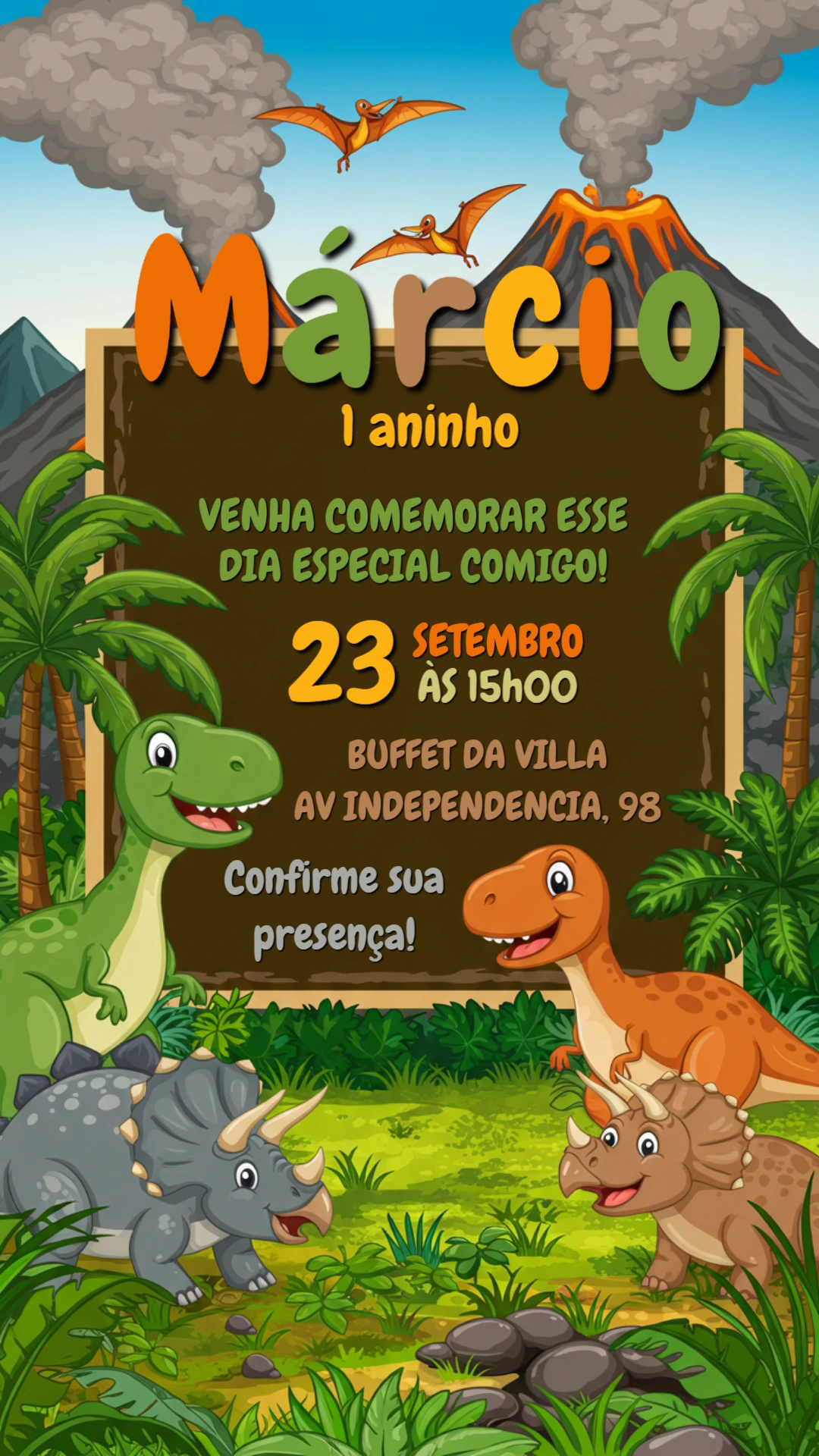 Convite de Aniversário Dinossauro Fofo para Editar Online