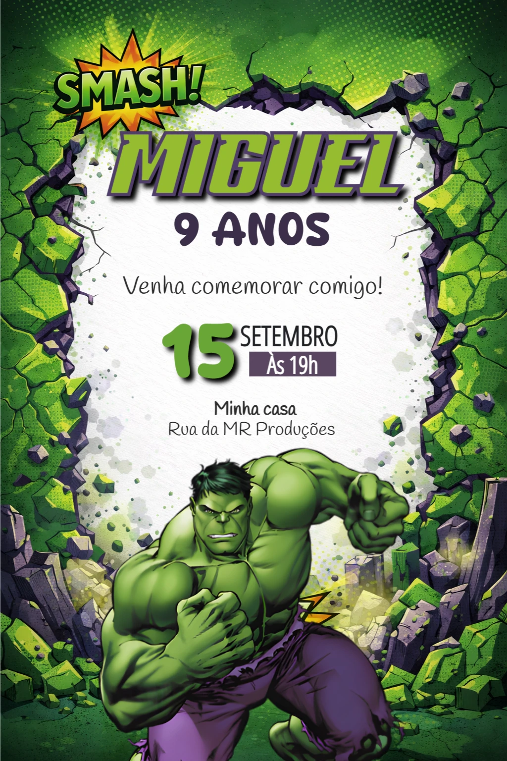 Convite Digital de Aniversário Infantil Hulk para Editar