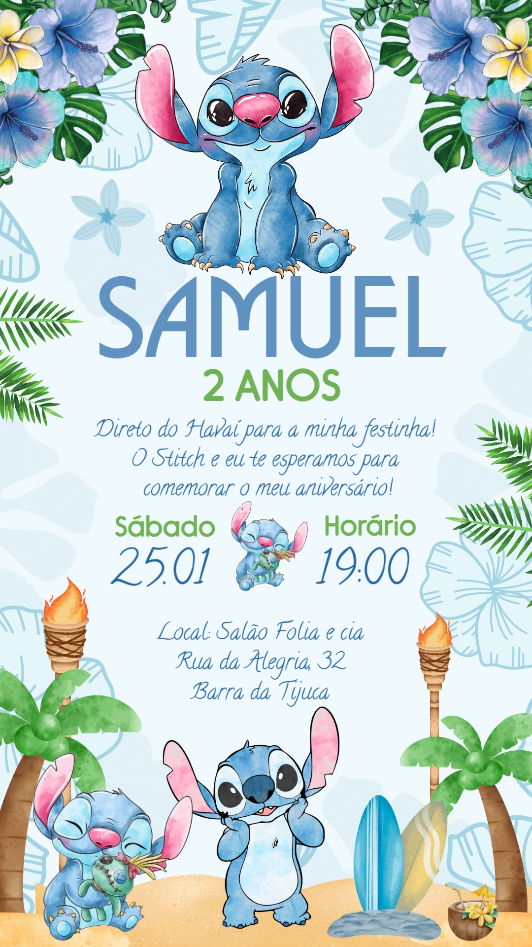 Convite Aniversário Stitch Havaiano para Editar Online
