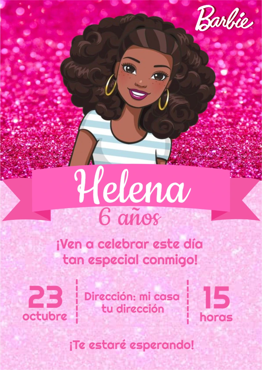 Invitación de Cumpleaños Barbie Morena Editable con Brillo Rosa