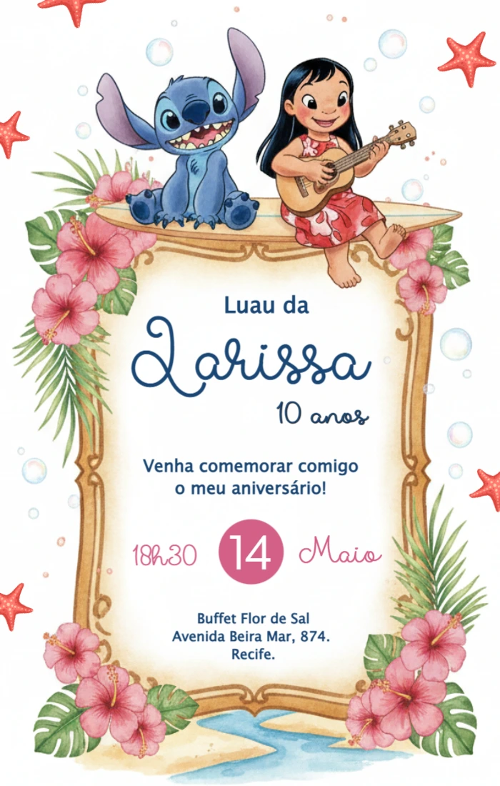 Convite de Aniversário Lilo e Stitch Luau para Editar Online
