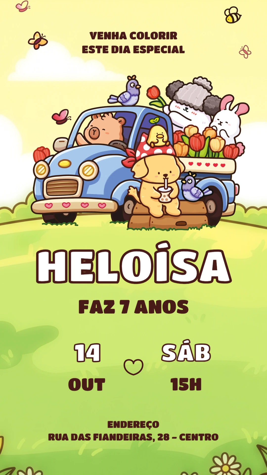 Convite de Aniversário Animais Fofos Estilo Desenho para Editar