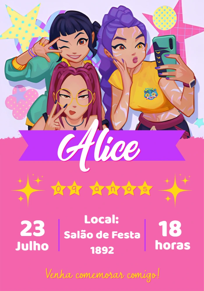 Convite Aniversário Kpop Guerreiras para Editar Online
