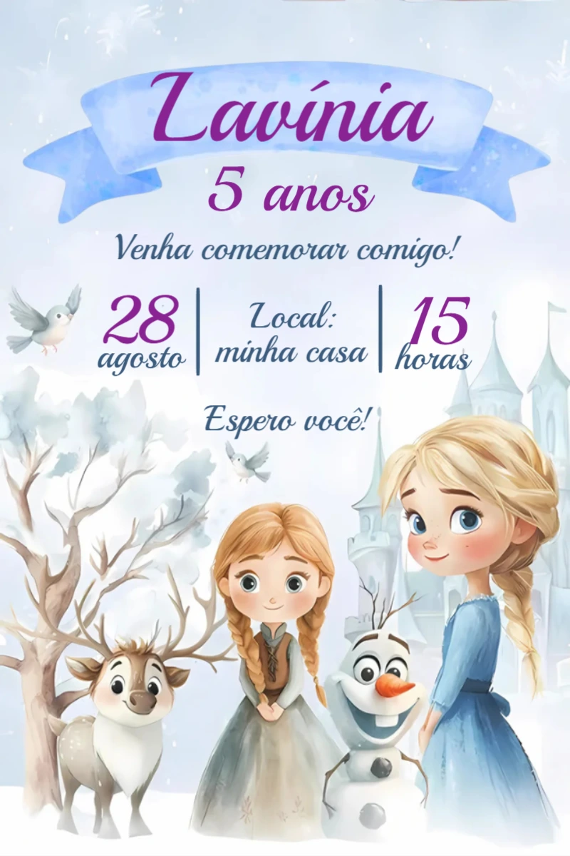 Convite de Aniversário Frozen Aquarela para Editar Online