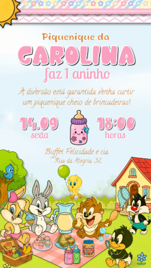 Convite Aniversário Picnic Baby Looney Tunes 