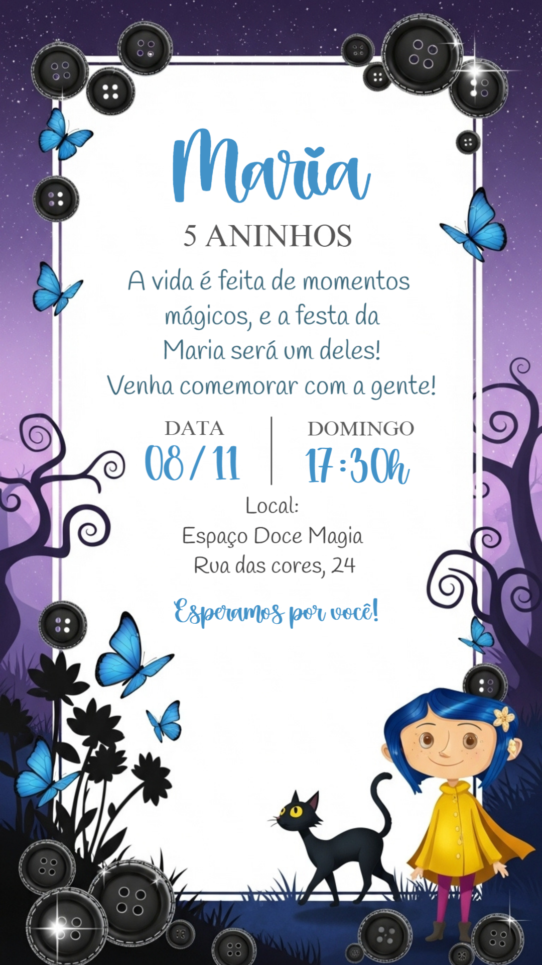 Convite de Aniversário Coraline Misterioso para Editar Online Convite de Aniversário Coraline Misterioso para Editar Online