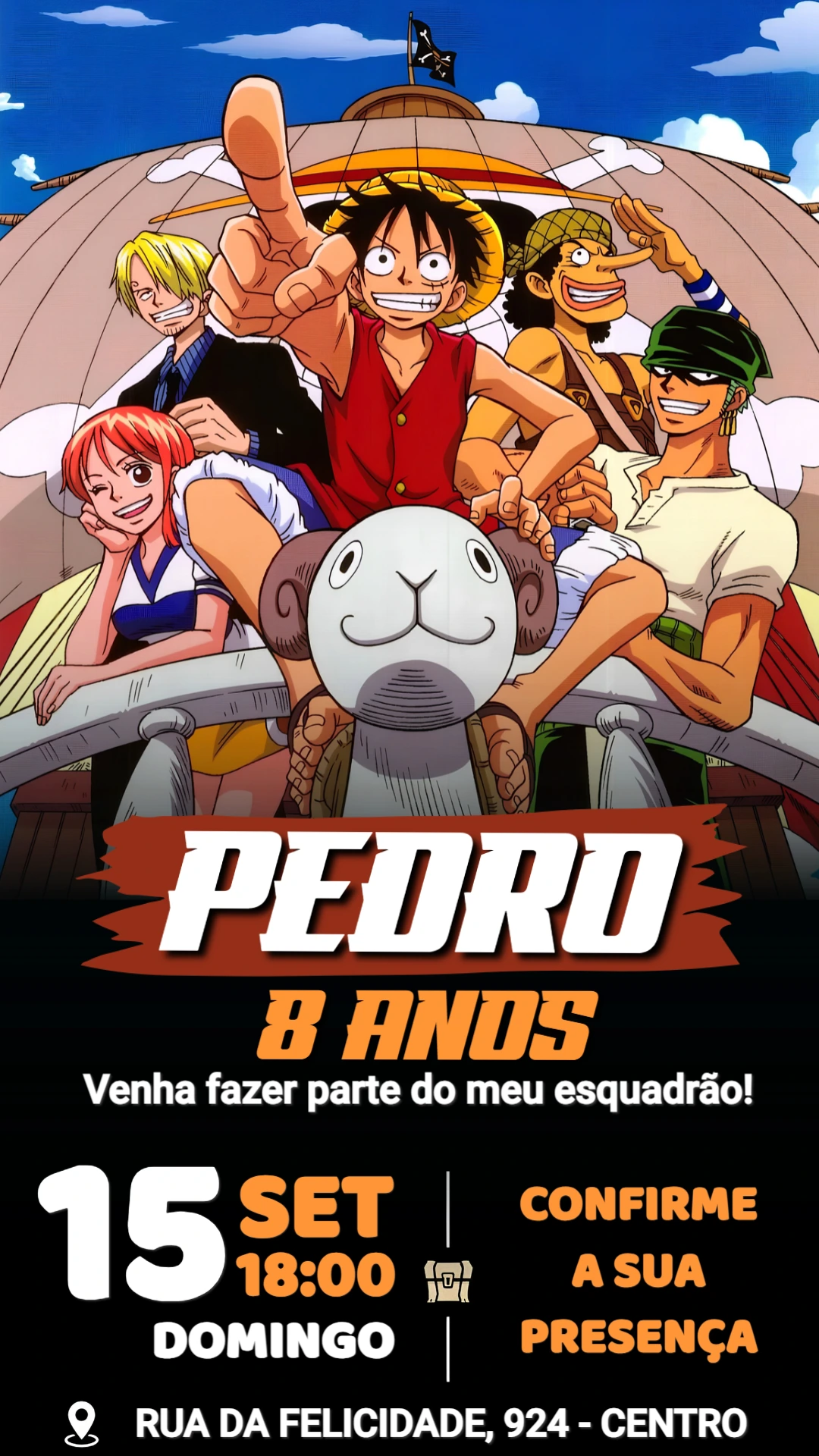 Convite de Aniversário One Piece: Modelo Digital Editável Convite de Aniversário One Piece: Modelo Digital Editável