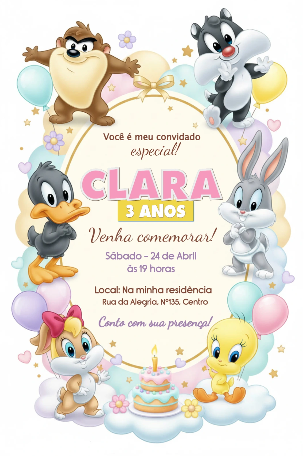 Convite Editável Aniversário Baby Looney Tunes Infantil Convite Editável Aniversário Baby Looney Tunes Infantil
