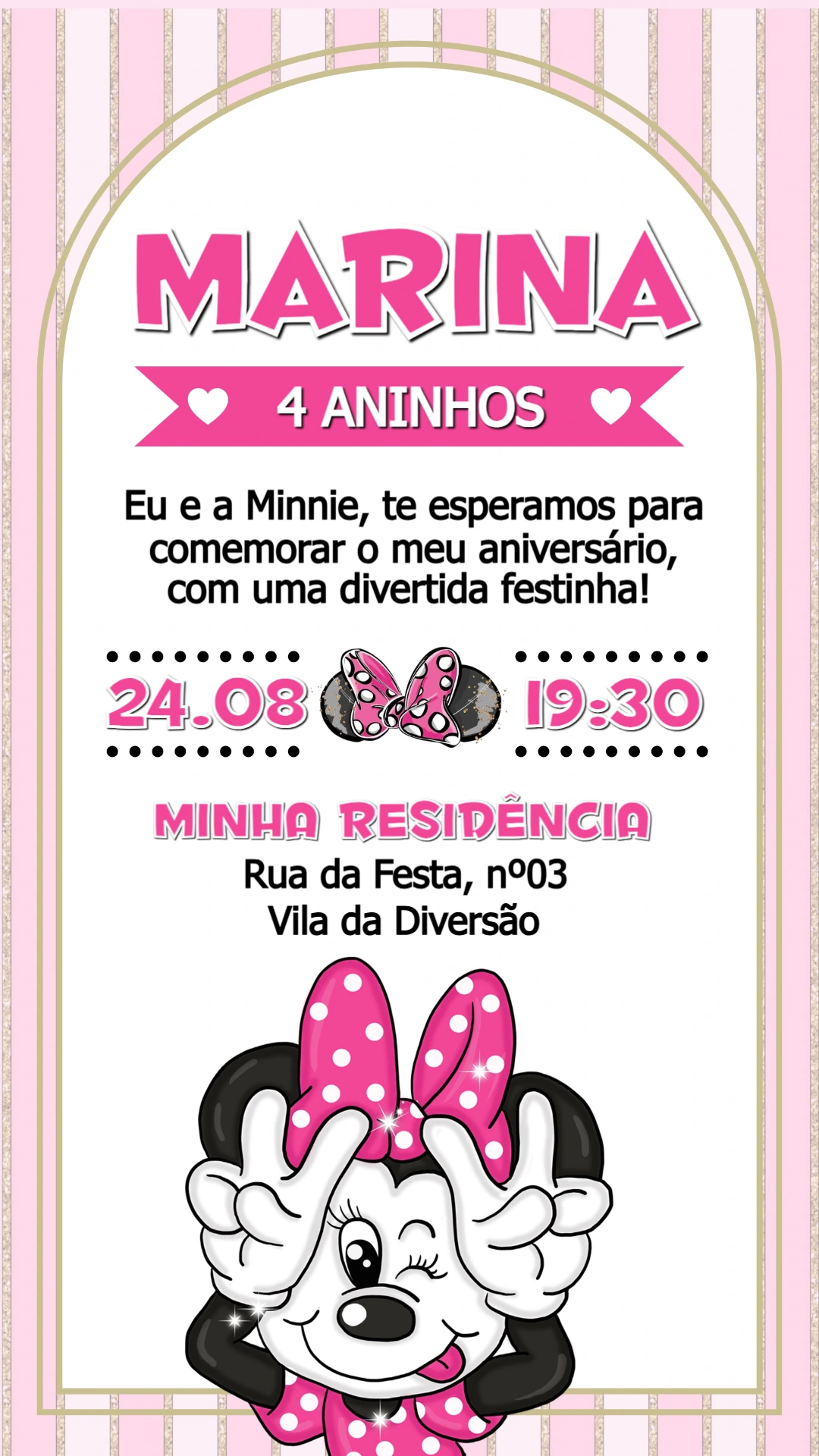 Convite de Aniversário Minnie Rosa Editável para Menina Convite de Aniversário Minnie Rosa Editável para Menina