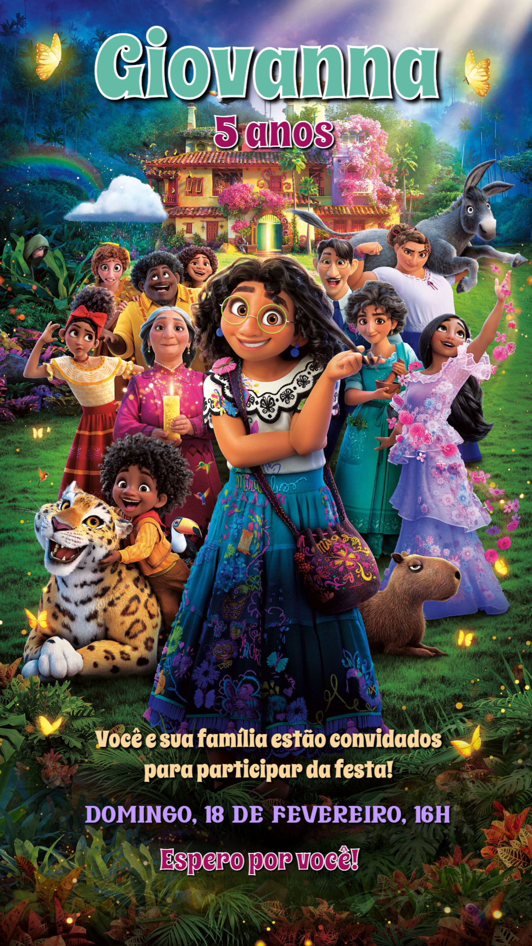 Convite Aniversário Encanto com Personagens para Editar Online