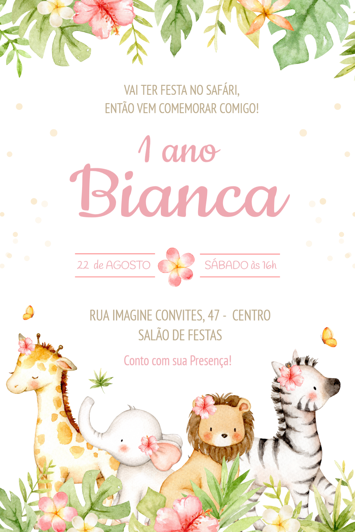 Convite Aniversário Safari Menina Aquarela para Editar Online Convite Aniversário Safari Menina Aquarela para Editar Online