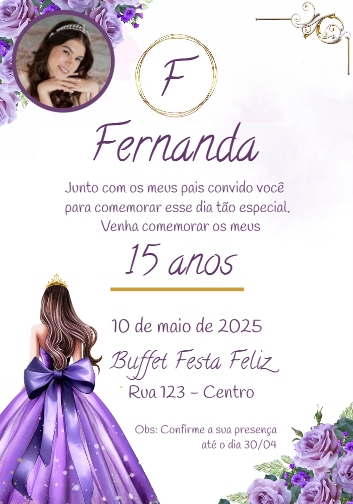 Convite 15 Anos Princesa Lilás com Foto para Editar Online Convite 15 Anos Princesa Lilás com Foto para Editar Online