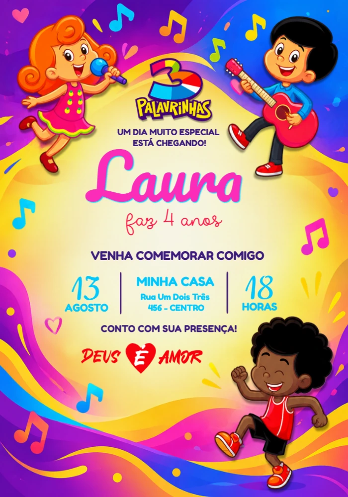 Convite de Aniversário 3 Palavrinhas Editável Online Convite de Aniversário 3 Palavrinhas Editável Online