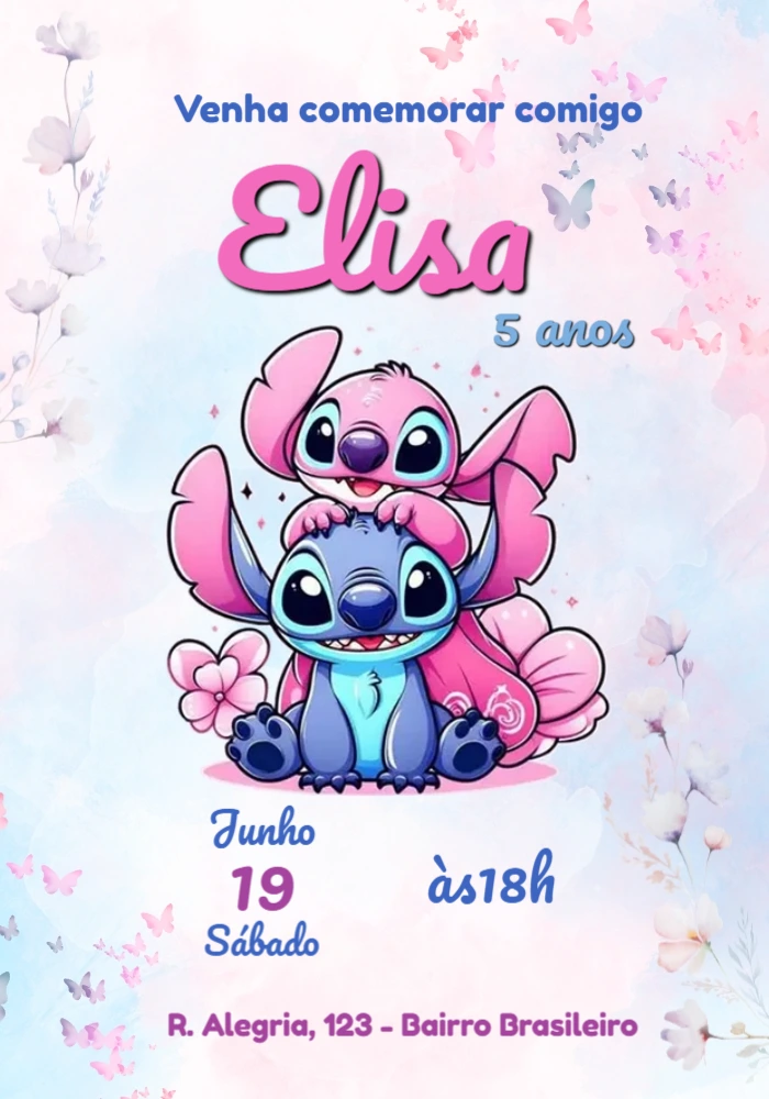 Convite de Aniversário Stitch e Angel Editável Convite de Aniversário Stitch e Angel Editável