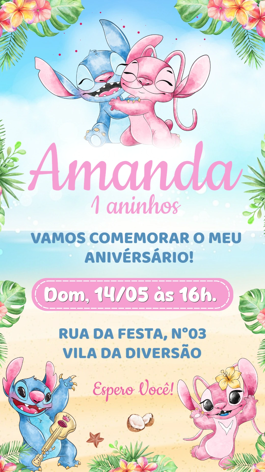 Convite de Aniversário Stitch e Angel: Modelo Tropical Editável Convite de Aniversário Stitch e Angel: Modelo Tropical Editável