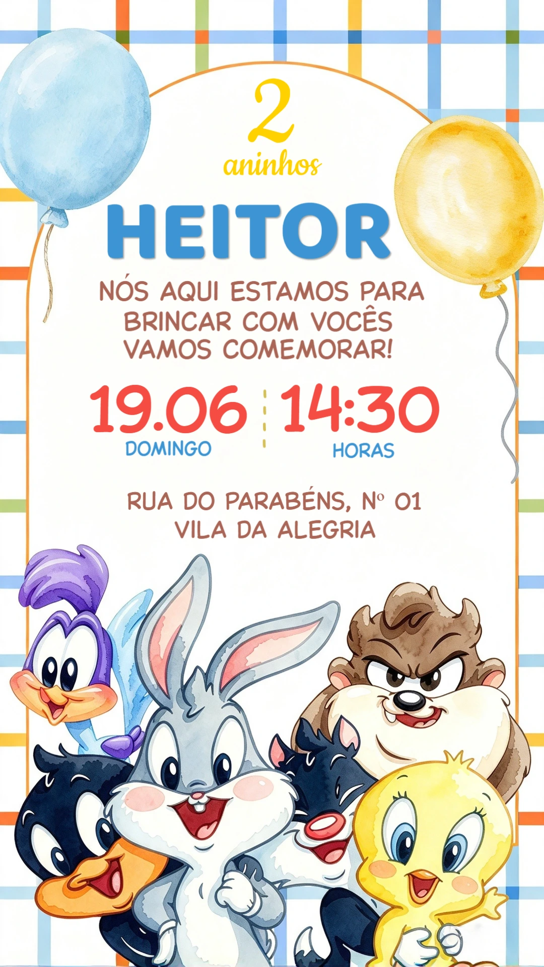 Convite de Aniversário Baby Looney Tunes Modelo Editável Convite de Aniversário Baby Looney Tunes Modelo Editável