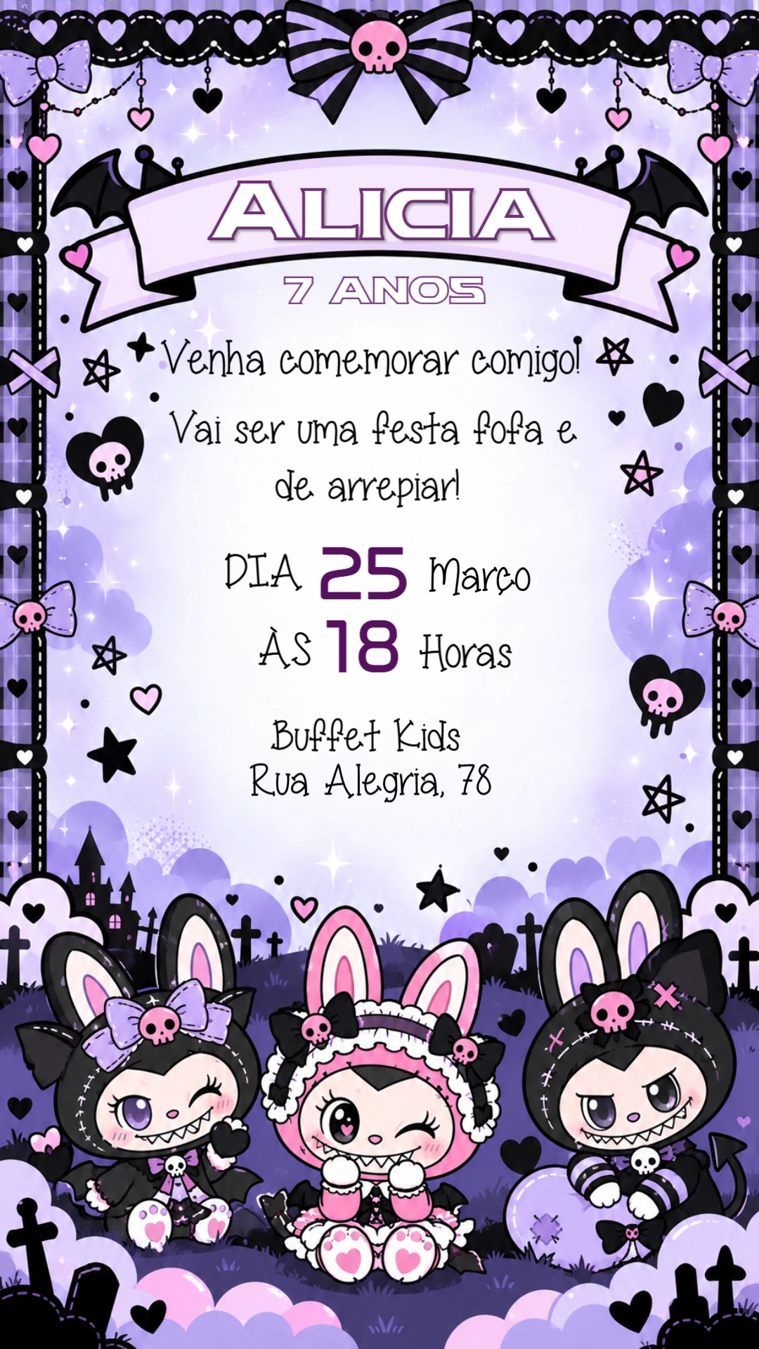 Convite de Aniversário Kuromi Gótico para Editar Online Convite de Aniversário Kuromi Gótico para Editar Online