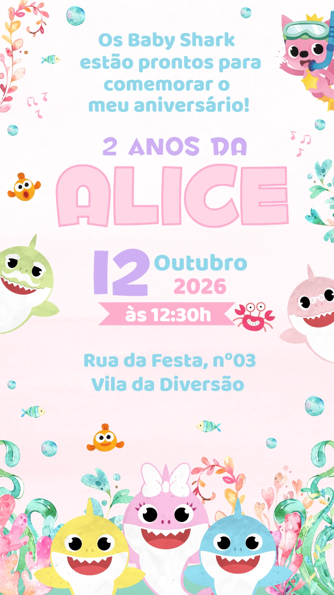 Convite de Aniversário Baby Shark Menina Editável Convite de Aniversário Baby Shark Menina Editável