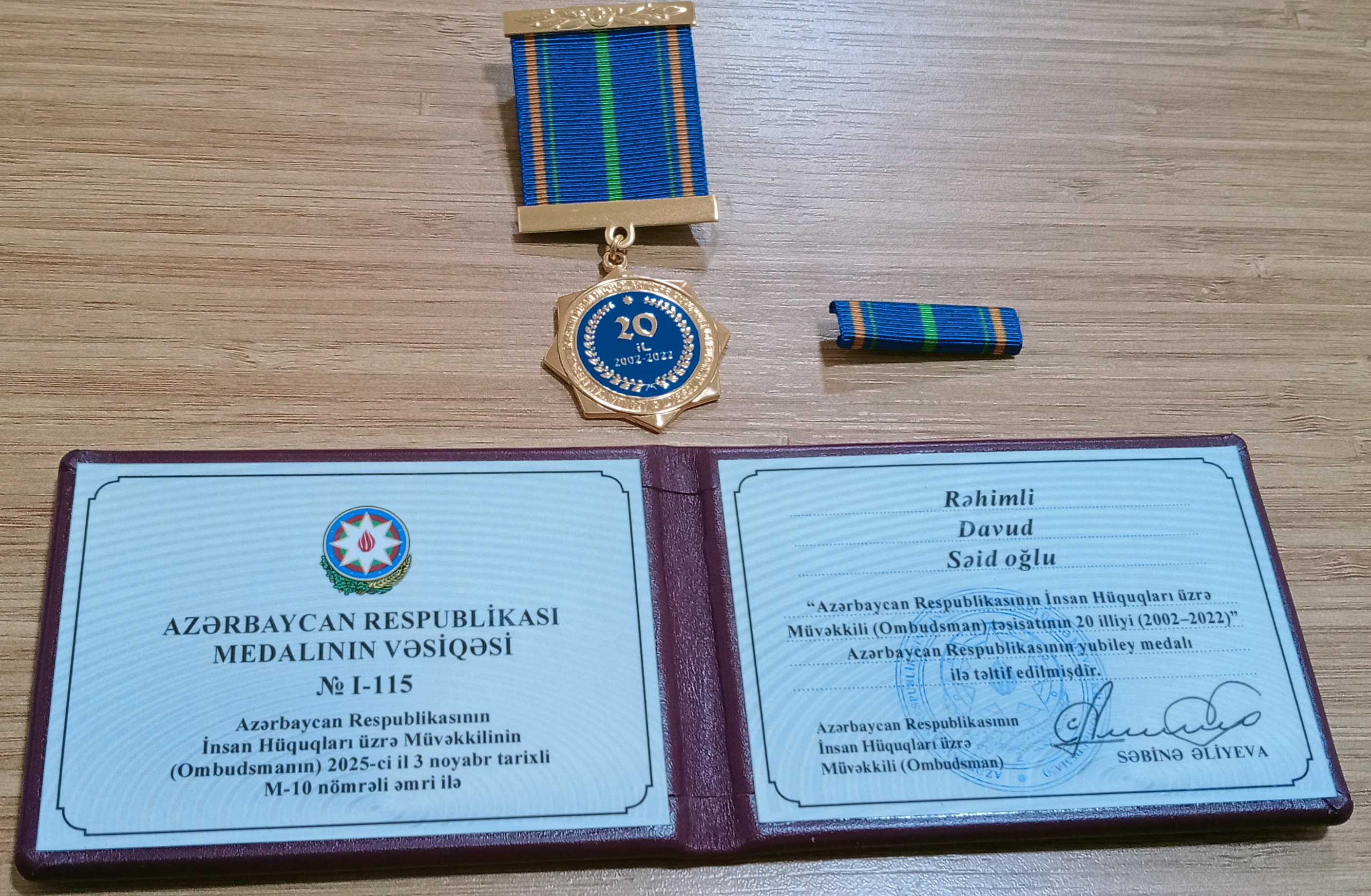 Azərbaycan Respulikası İnsan Hüquqları üzrə Müvəkkili (Ombudsman) təsisatının 20 illiyi (2002 - 2022)” Azərbaycan Respublikasınının yubileley medalı ilə təltif olunmağıma görə Azərbaycan Respulikası İnsan Hüquqları üzrə Müvəkkili (Ombudsman) hörmətli Səbinə xanıma və OMBUDSMAN  təsisatının əməkdaşlarına Əlilliyi olan Təşkilatların İttifaqı adından təşəkkürümü bıldirirəm! Qarşıdan gələn Dünya Azərbaycınlılarının Həmrəyliyi Günü və yeni təqvim ili münasibəti ilə bayramlarınızı təbrik edirəm!