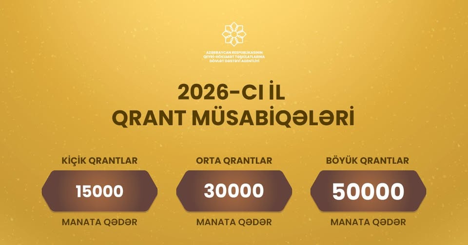 Azərbaycan Respublikasının Qeyri-Hökumət Təşkilatlarına Dövlət Dəstəyi Agentliyi 2026-cı il üzrə kiçik, orta və böyük qrant müsabiqələrini elan edir