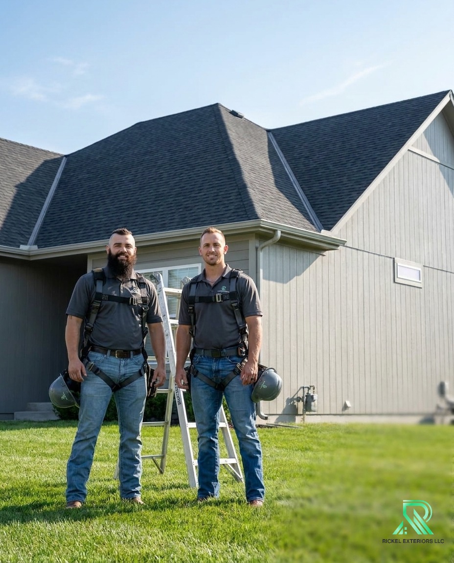 Triston Rickel and Gavin Holler representing Rickel Exteriors on a residential Kansas City roofing job site