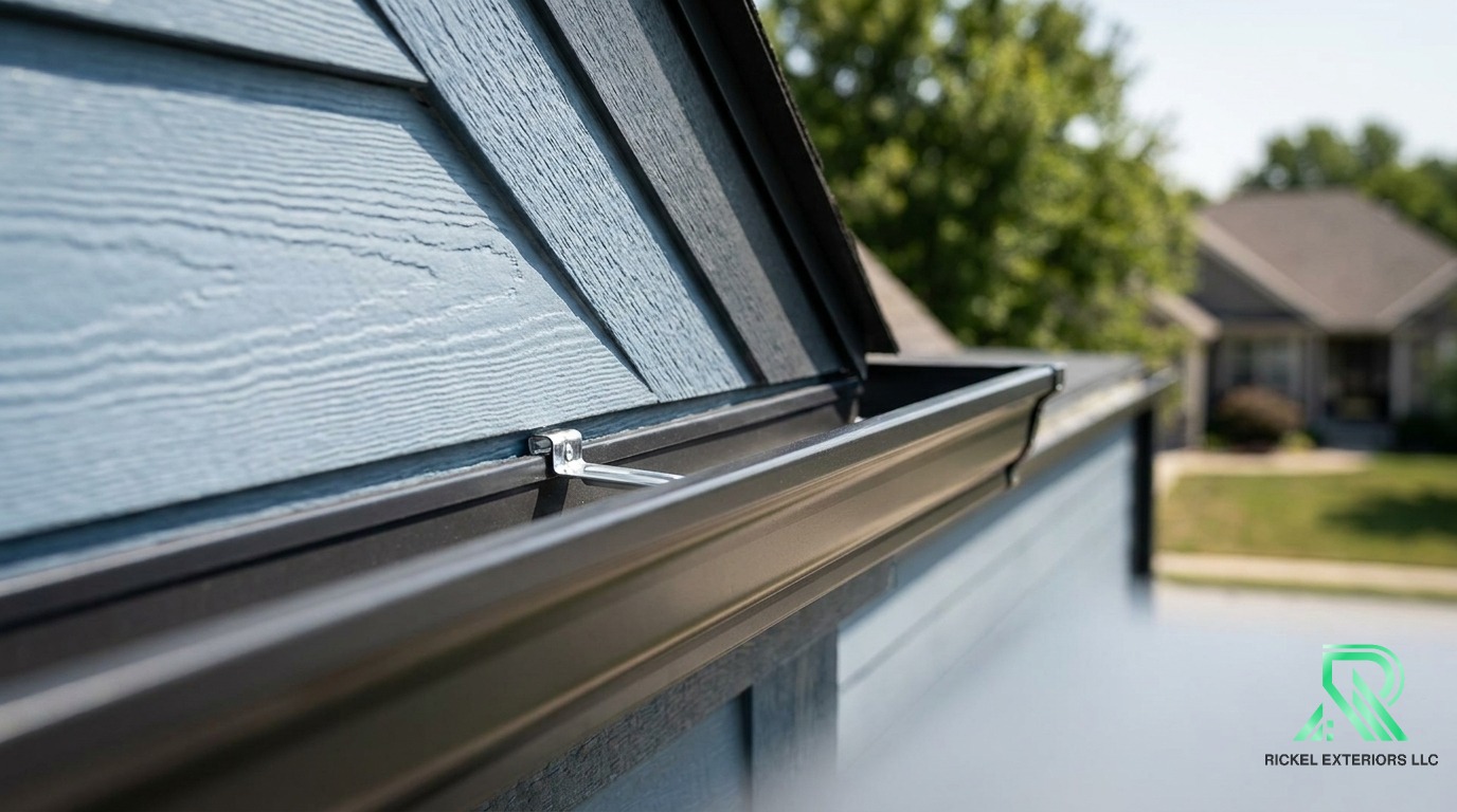 Close-up of new seamless gutter installation on a residential home