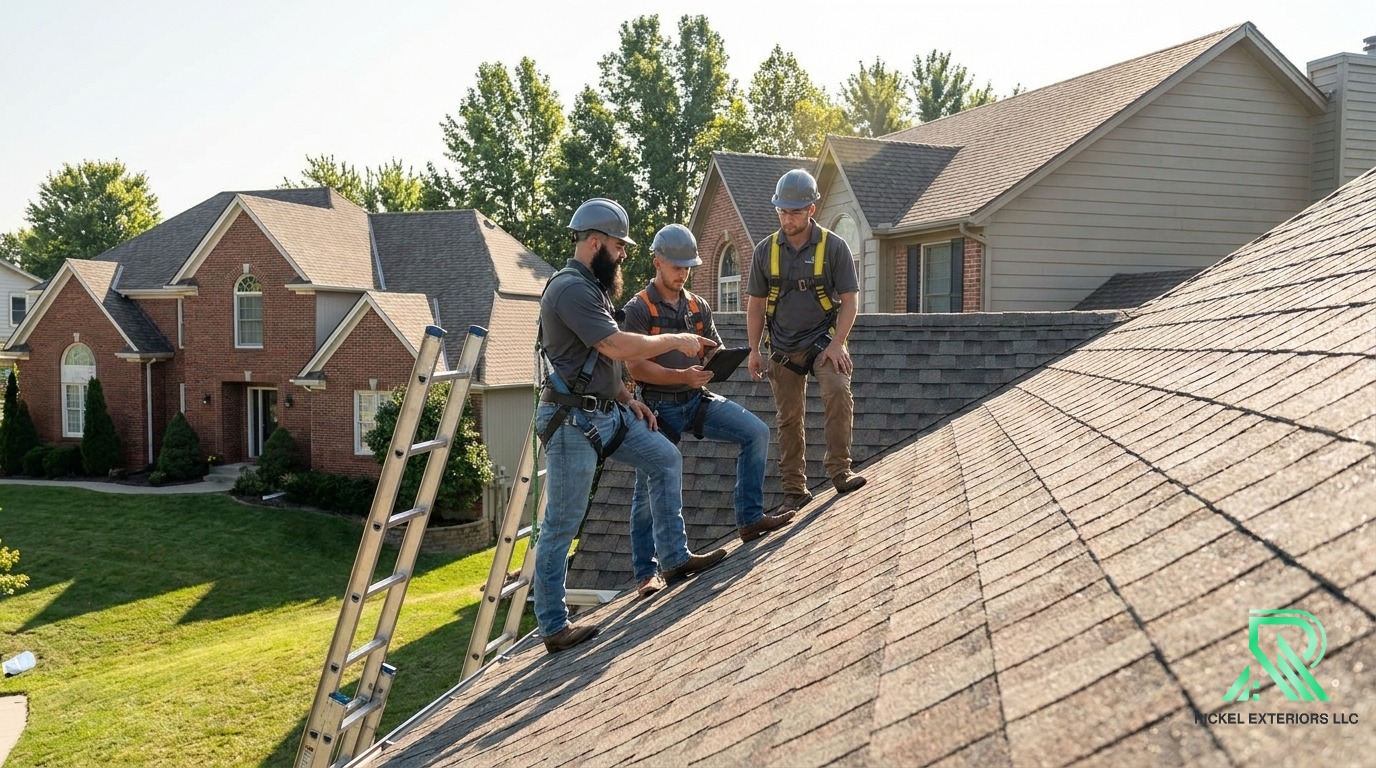 Professional roofing crew conducting a thorough inspection with safety harnesses