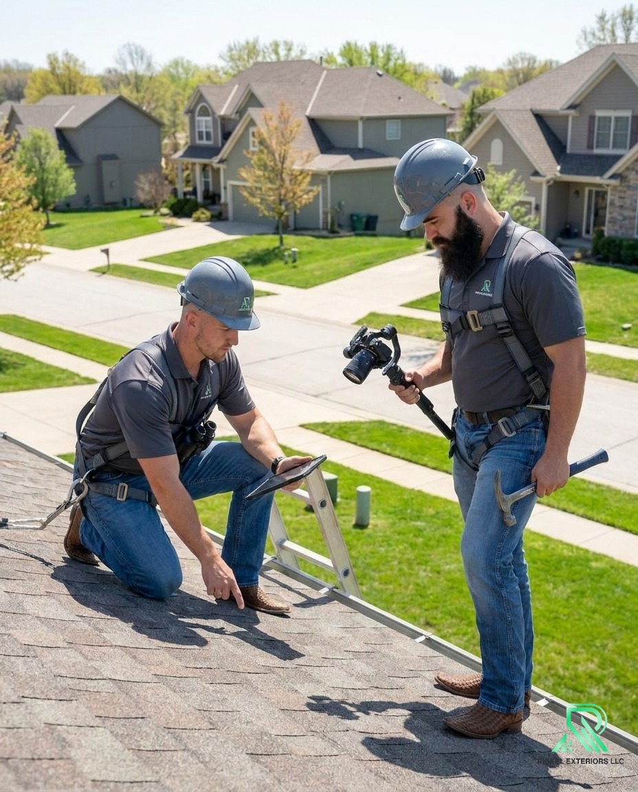 Triston Rickel and Gavin Holler inspecting a residential roof in Kansas City with OSHA-certified safety gear